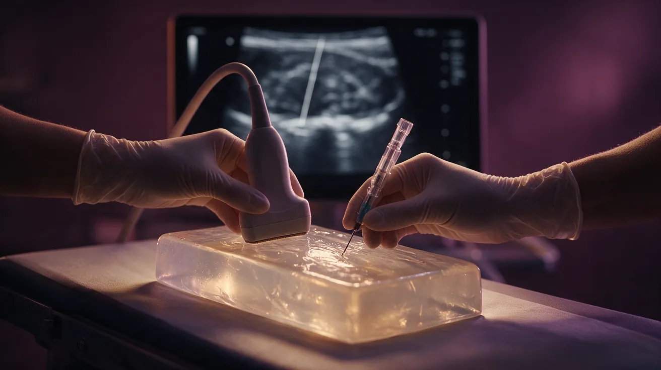 Mãos enluvadas guiando uma agulha de core biopsy num phantom de mama, com o transdutor de ultrassom posicionado e o monitor ao fundo