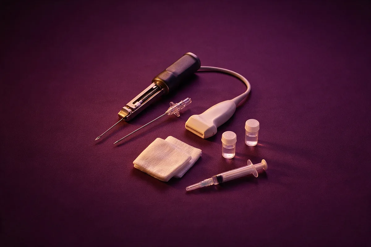 Pistola de core biopsy, agulha coaxial, transdutor e frascos para os fragmentos sobre campo cirúrgico