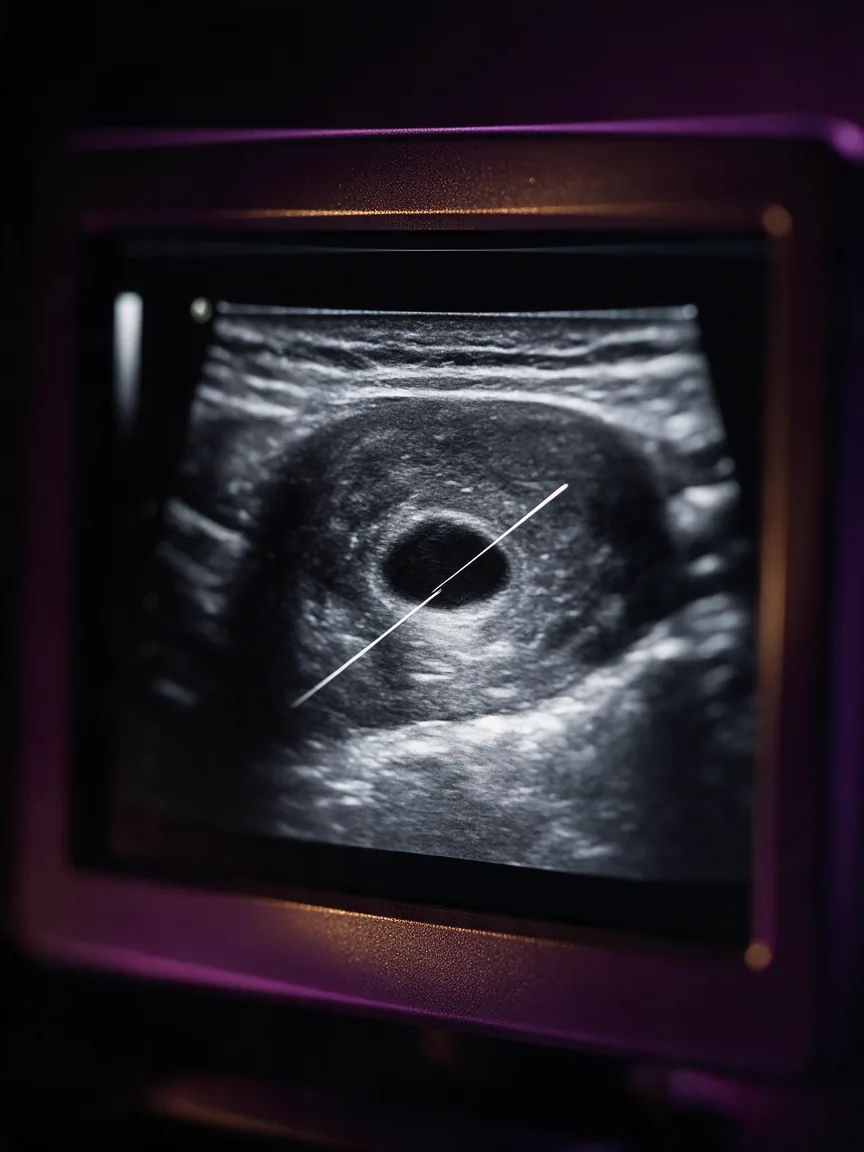 Imagem de ultrassom de mama no monitor mostrando um nódulo e a linha brilhante da agulha se aproximando dele