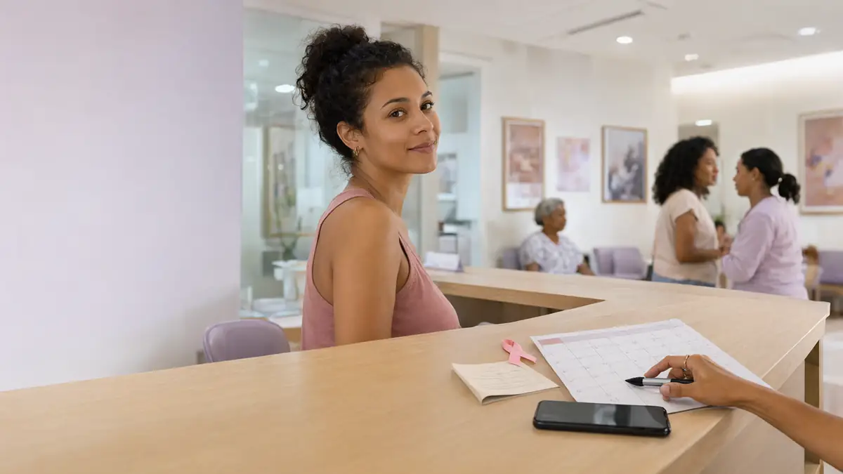 Mão marcando uma data em um calendário de parede na recepção, com um laço rosa e um pedido médico dobrado sobre o balcão