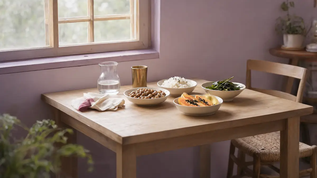 Mesa de madeira iluminada pela janela com tigelas de feijão, arroz, folhas verdes e frutas frescas
