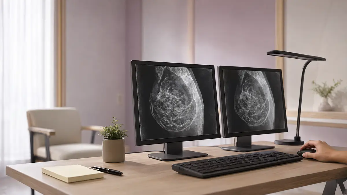 Mesa de leitura de exames com dois monitores escuros lado a lado mostrando imagens em tons de cinza, uma mão sobre o mouse e um bloco de notas em branco.