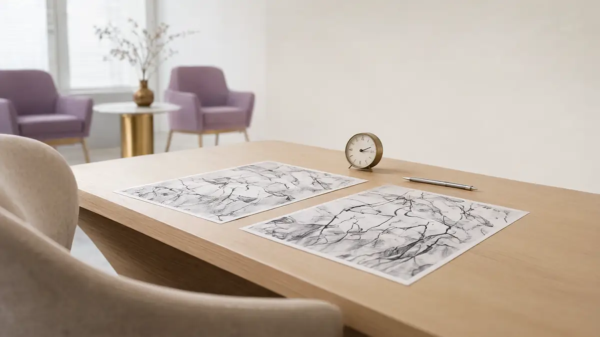 Duas folhas impressas com imagens abstratas em tons de cinza lado a lado sobre uma mesa clara, com um pequeno relógio de mesa e uma caneta