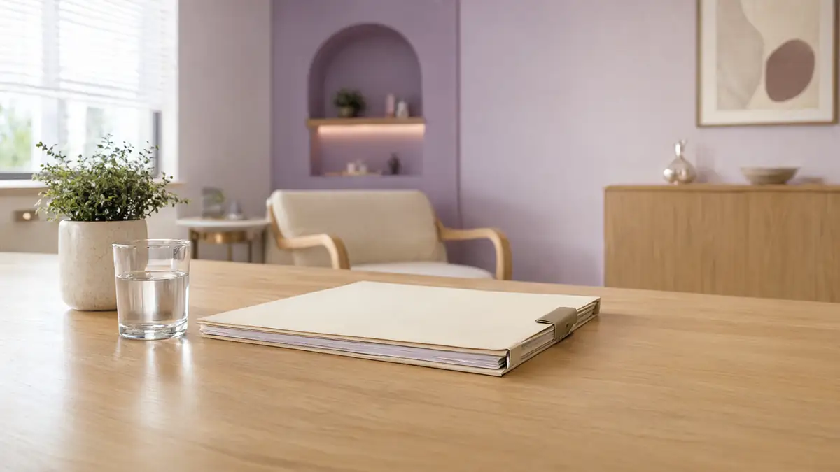 Pasta fechada sobre uma mesa de madeira clara em um consultório iluminado, com um copo de água e uma planta ao lado