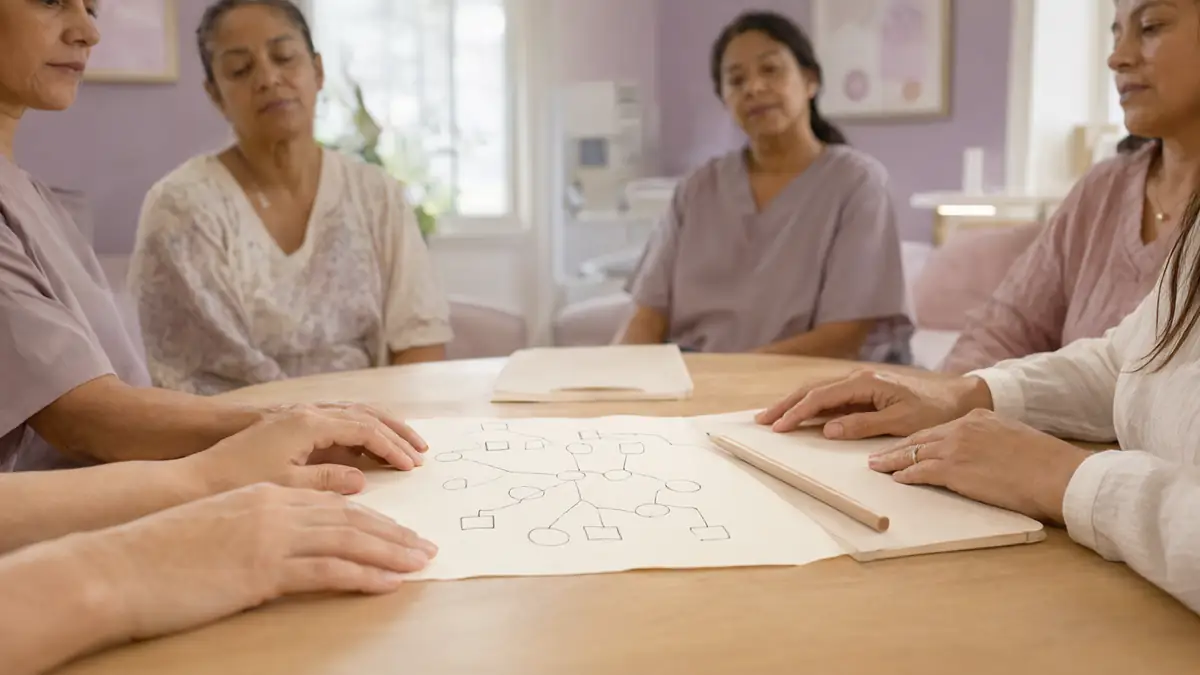 Mãos apoiadas sobre uma folha com uma árvore genealógica desenhada à mão, com círculos e quadrados ligados por linhas, ao lado de um lápis e de uma pasta
