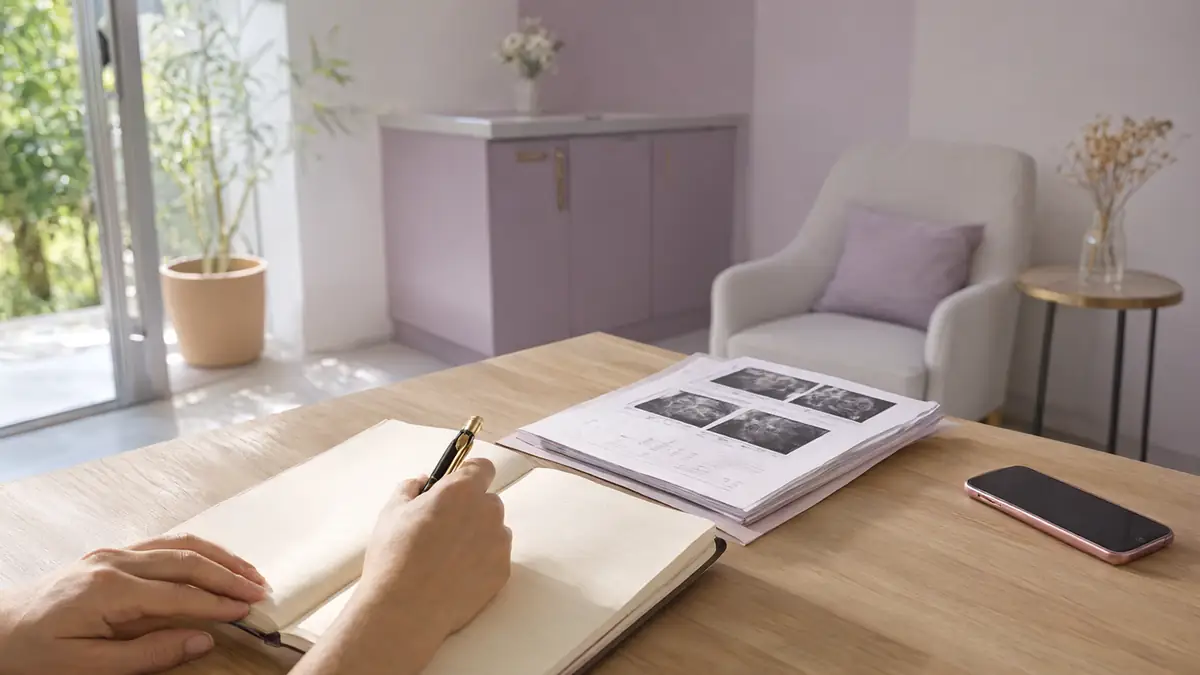 Mãos escrevendo em um caderno sobre mesa de madeira, ao lado de uma pasta com laudos de exames e um celular