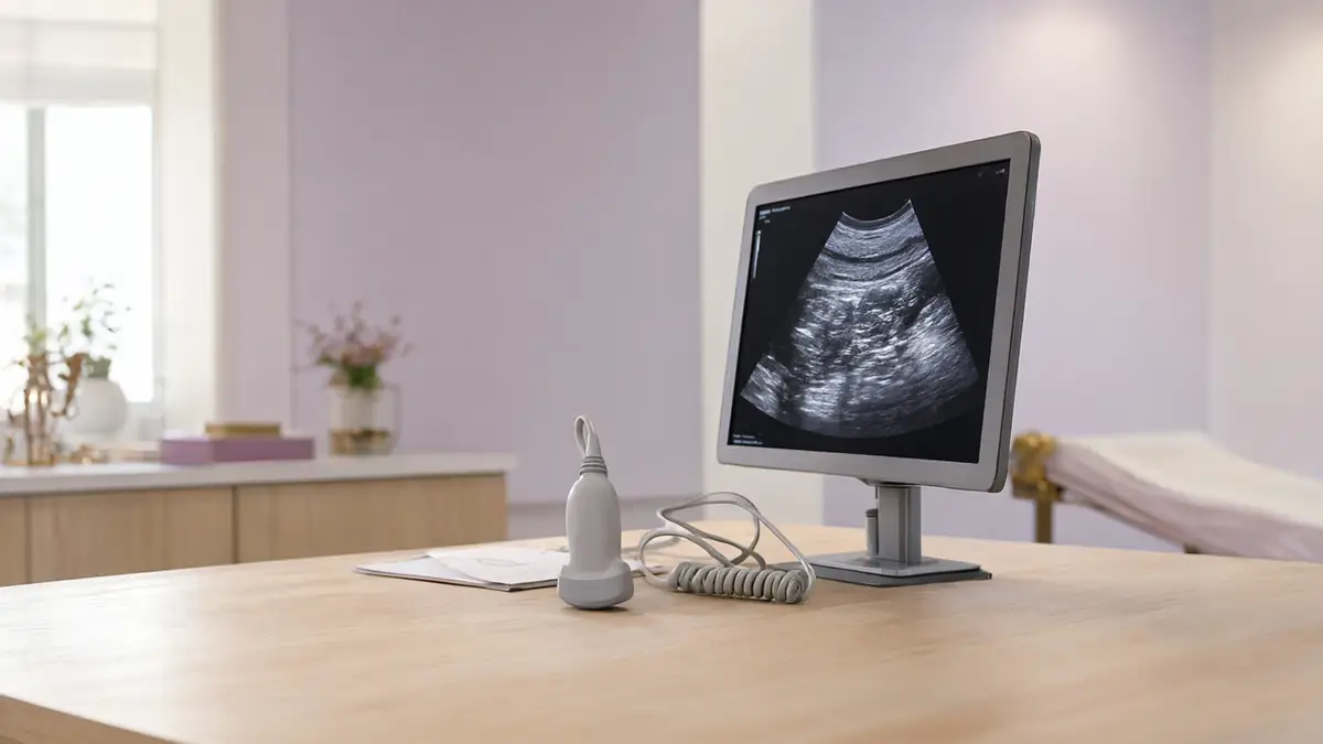 Aparelho de ultrassonografia com transdutor ao lado do monitor, em sala de exame clara e vazia