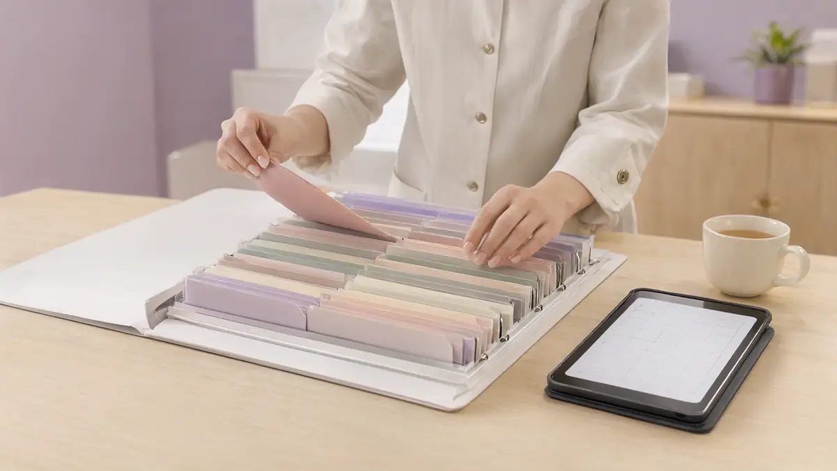 Mãos de enfermeira organizando uma pasta de exames, ao lado de um tablet com calendário e uma xícara, sobre mesa clara de madeira