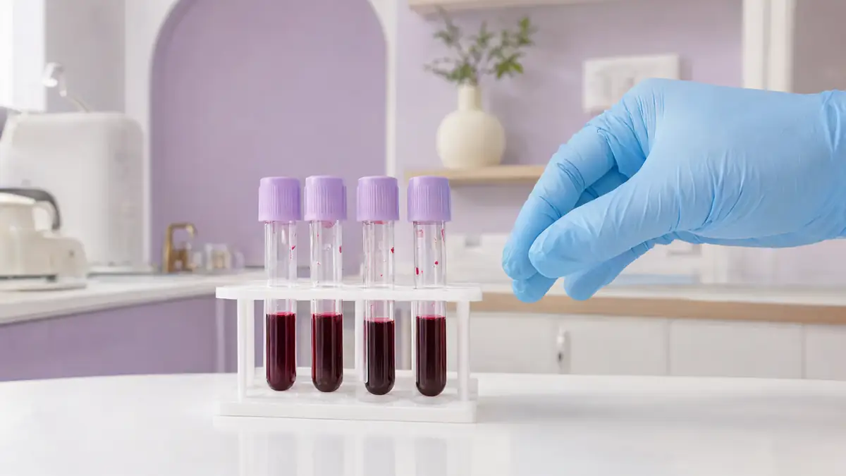 Tubos de coleta de sangue vazios em um suporte sobre bancada clara, com uma mão enluvada organizando as amostras
