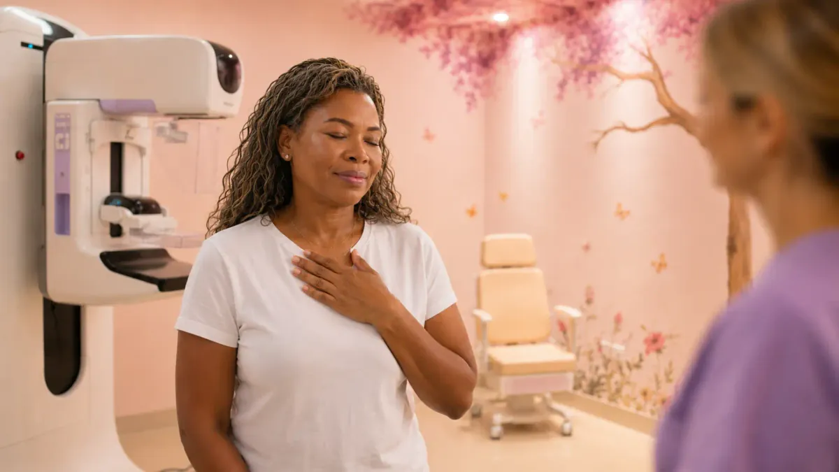 Mulher respira com calma antes da mamografia, na sala de exame da Clínica Preciore
