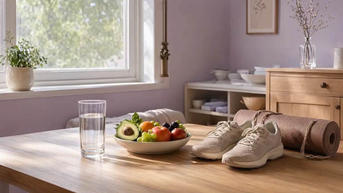 Mesa de madeira ao lado da janela com copo de água, frutas, legumes, tênis de corrida e tapete de yoga