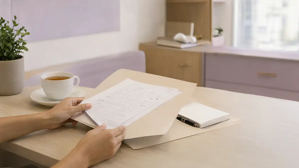 Mãos organizando folhas de exames e um caderno em uma pasta clara, sobre uma mesa de madeira com xícara de chá e uma planta