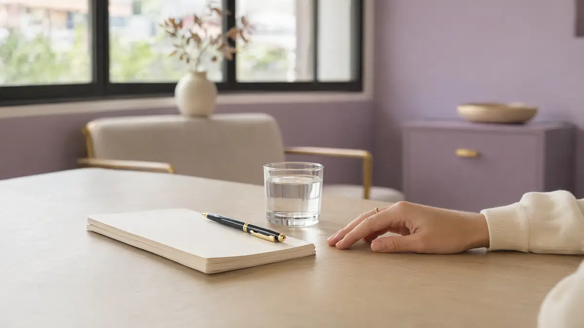 Caderno em branco com caneta sobre mesa de madeira clara em consultório iluminado, com um copo de água e uma mão ao lado
