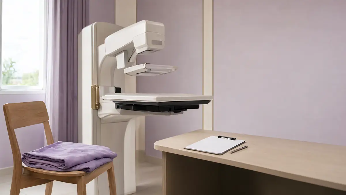 Sala de exame com mamógrafo digital em repouso, avental dobrado sobre uma cadeira de madeira clara e prancheta em branco sobre a bancada, sem pessoas