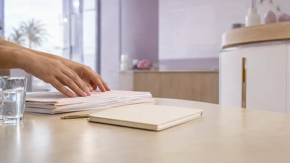 Mesa clara de consultório com pasta de envelopes de exames antigos, caderno em branco e caneta, com duas mãos organizando os envelopes