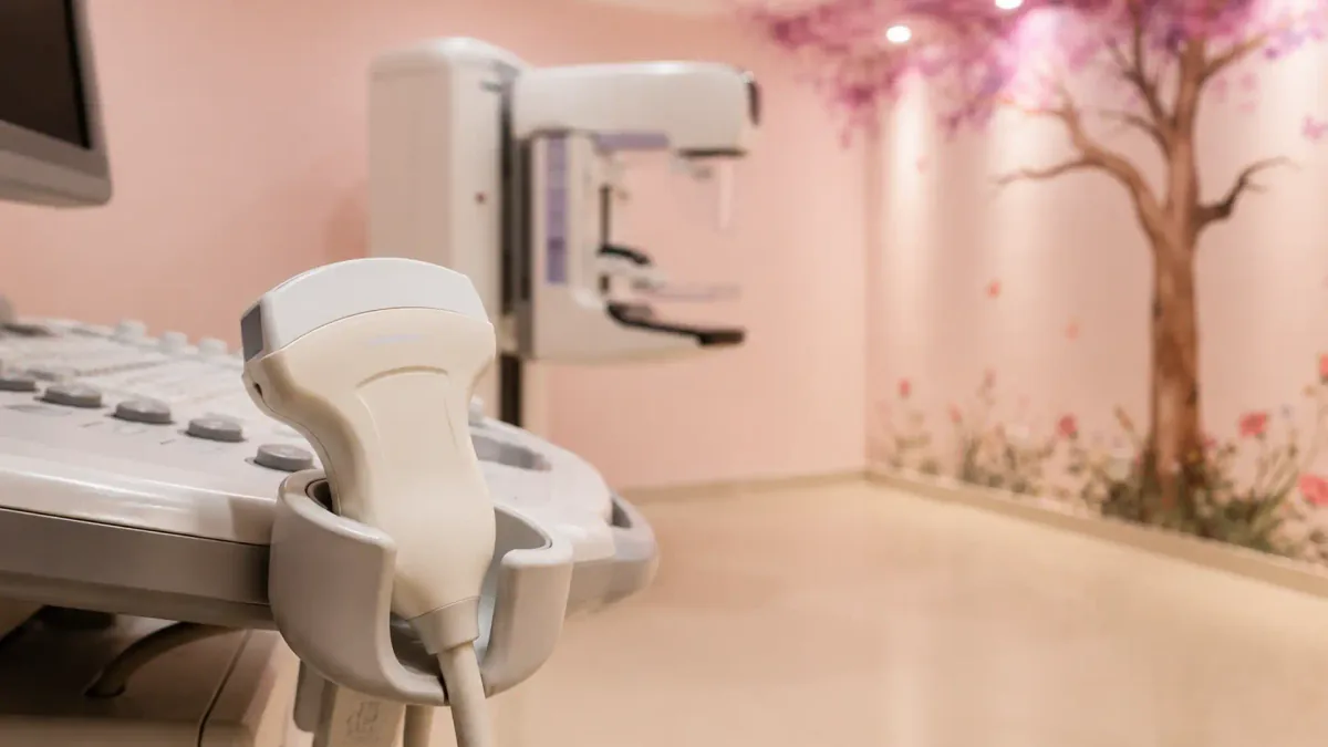Transdutor de ultrassonografia em primeiro plano e mamógrafo digital ao fundo, na Clínica Preciore