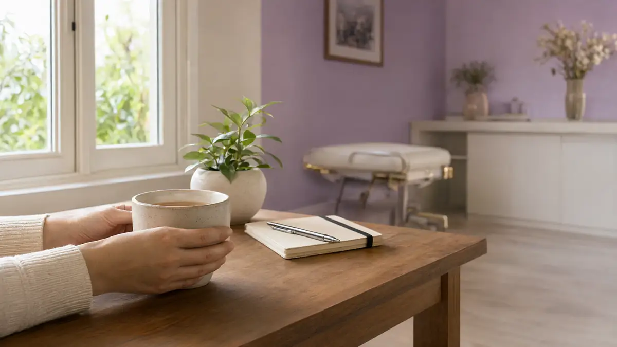 Mãos segurando uma xícara de chá sobre uma mesa de madeira, ao lado de um caderno fechado, uma caneta e uma planta.