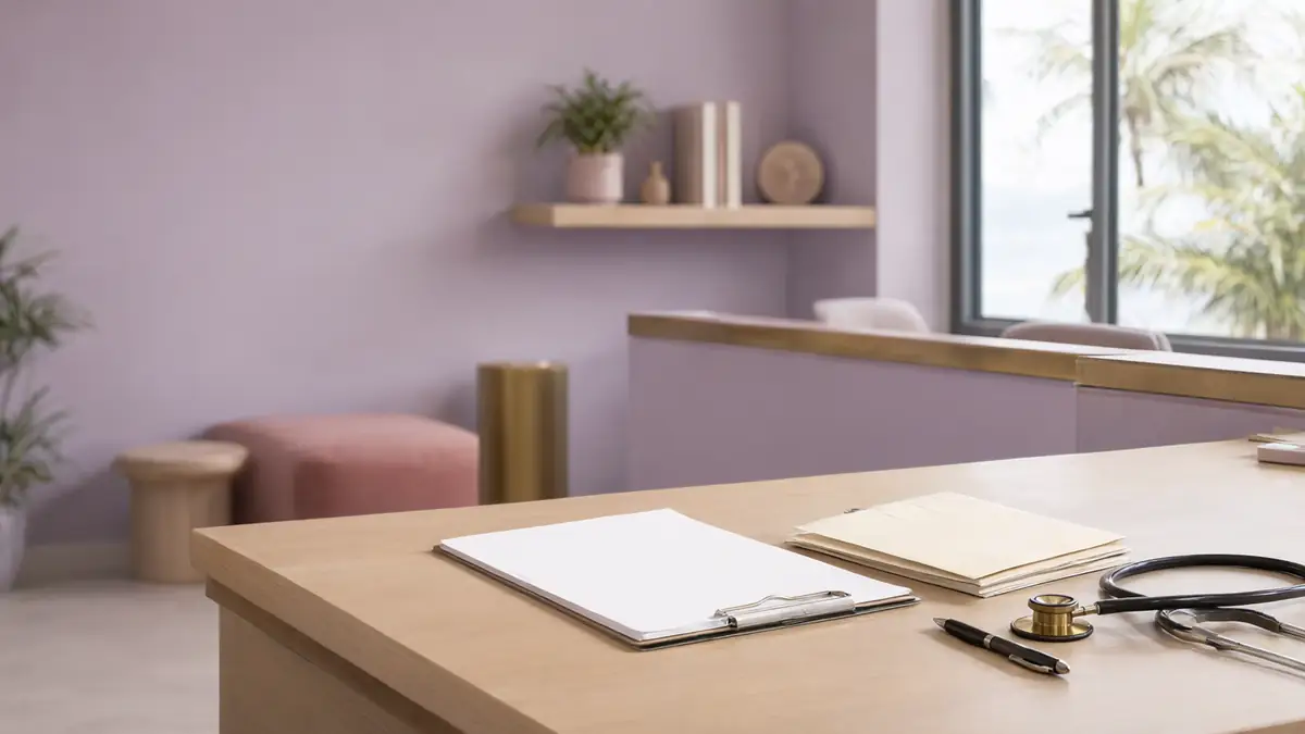 Mesa de consultório com prancheta e folha em branco, caneta, envelopes de exames anteriores e estetoscópio ao lado, sem pessoas