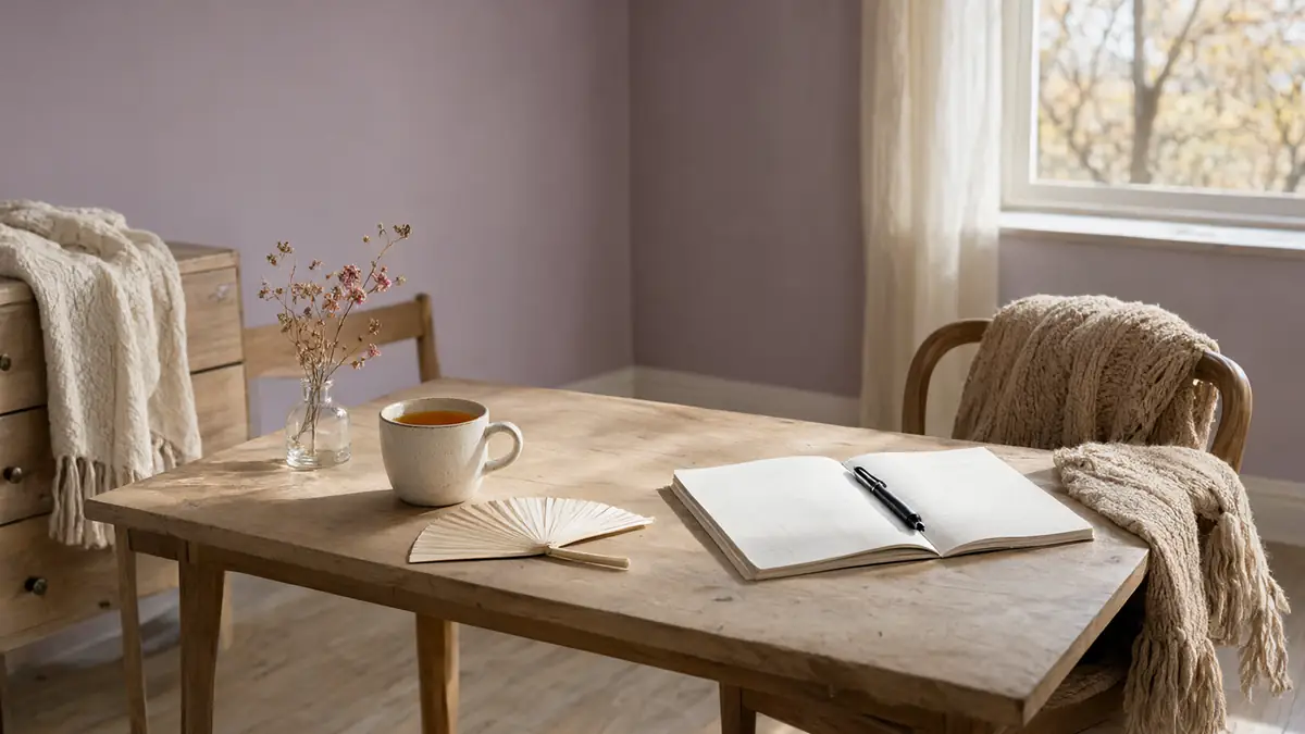 Mesa de madeira com caneca de chá, leque de papel dobrado, agenda aberta com caneta e uma manta de tricô sobre a cadeira