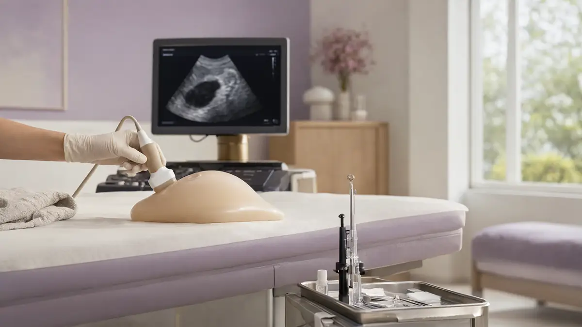 Mão enluvada apoiando um transdutor de ultrassom sobre um modelo de treino em gel, com monitor ao fundo e uma bandeja estéril ao lado