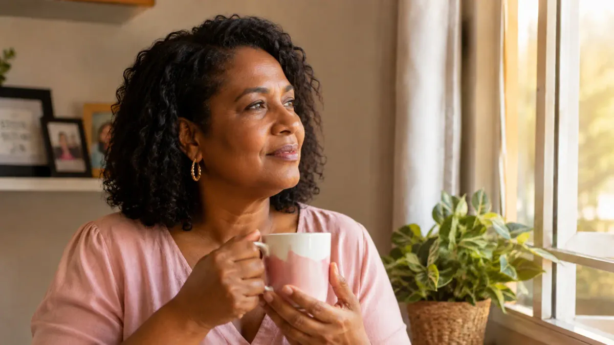 Mulher negra de meia-idade toma café junto à janela, em casa