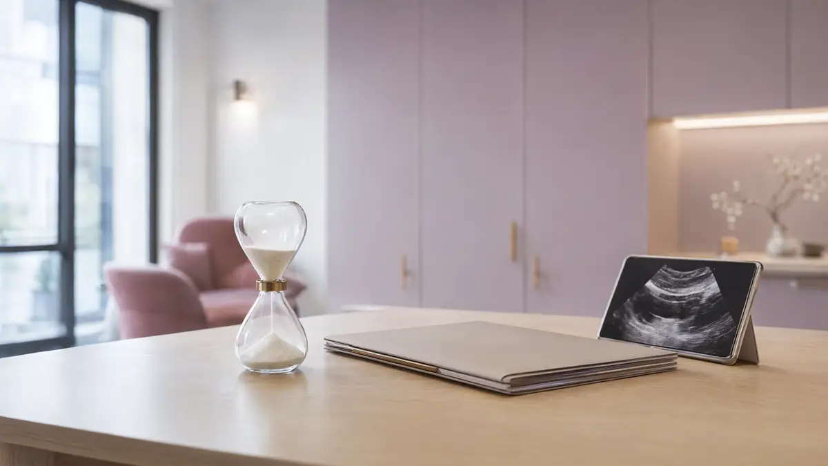 Ampulheta de vidro sobre uma mesa clara de recepção, ao lado de uma pasta fechada e de um tablet com imagens em tons de cinza