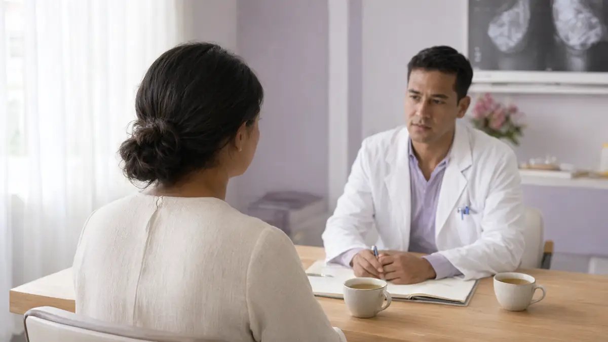 Mulher de costas conversando com uma médica de jaleco sobre uma mesa de madeira clara com caderno, caneta e duas xícaras