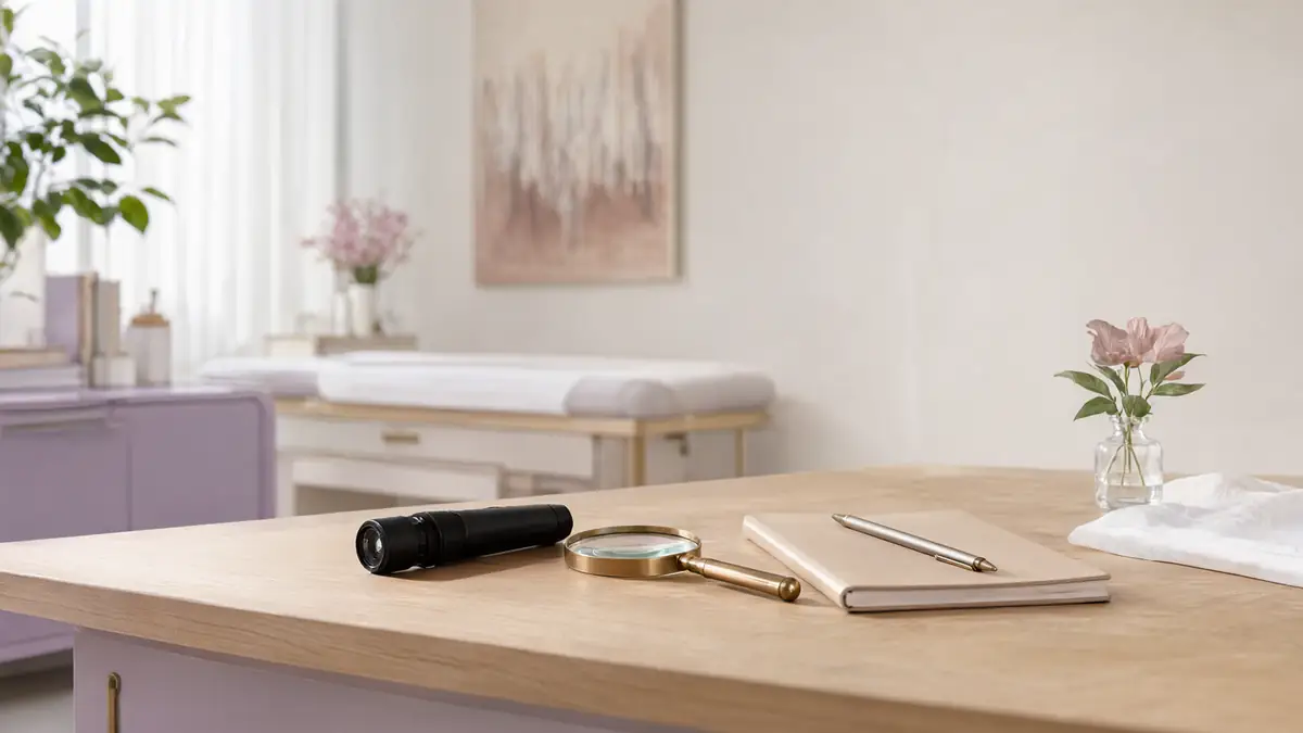 Mesa de consulta com dermatoscópio, lupa, caderno fechado com caneta e um pequeno vaso com uma flor sobre luz natural