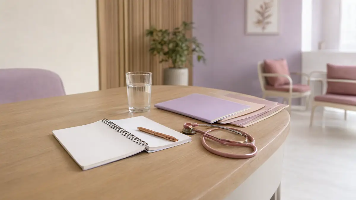 Mesa de consultório vazia com caderno em branco, estetoscópio, copo de água e quatro pastas de cores suaves abertas em leque