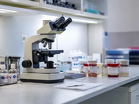 Bancada do laboratório de patologia, onde o material da biópsia é analisado